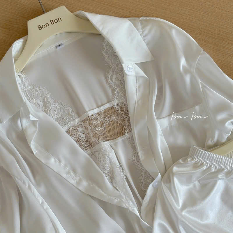 Set ngủ lụa cổ sơ mi và quần đùi phối ren sang chảnh