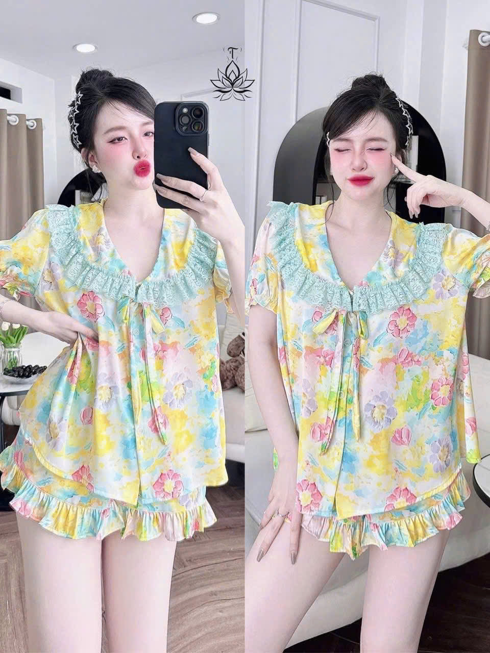 Bộ ngủ đùi cổ sen phối ren dễ thương cao cấp