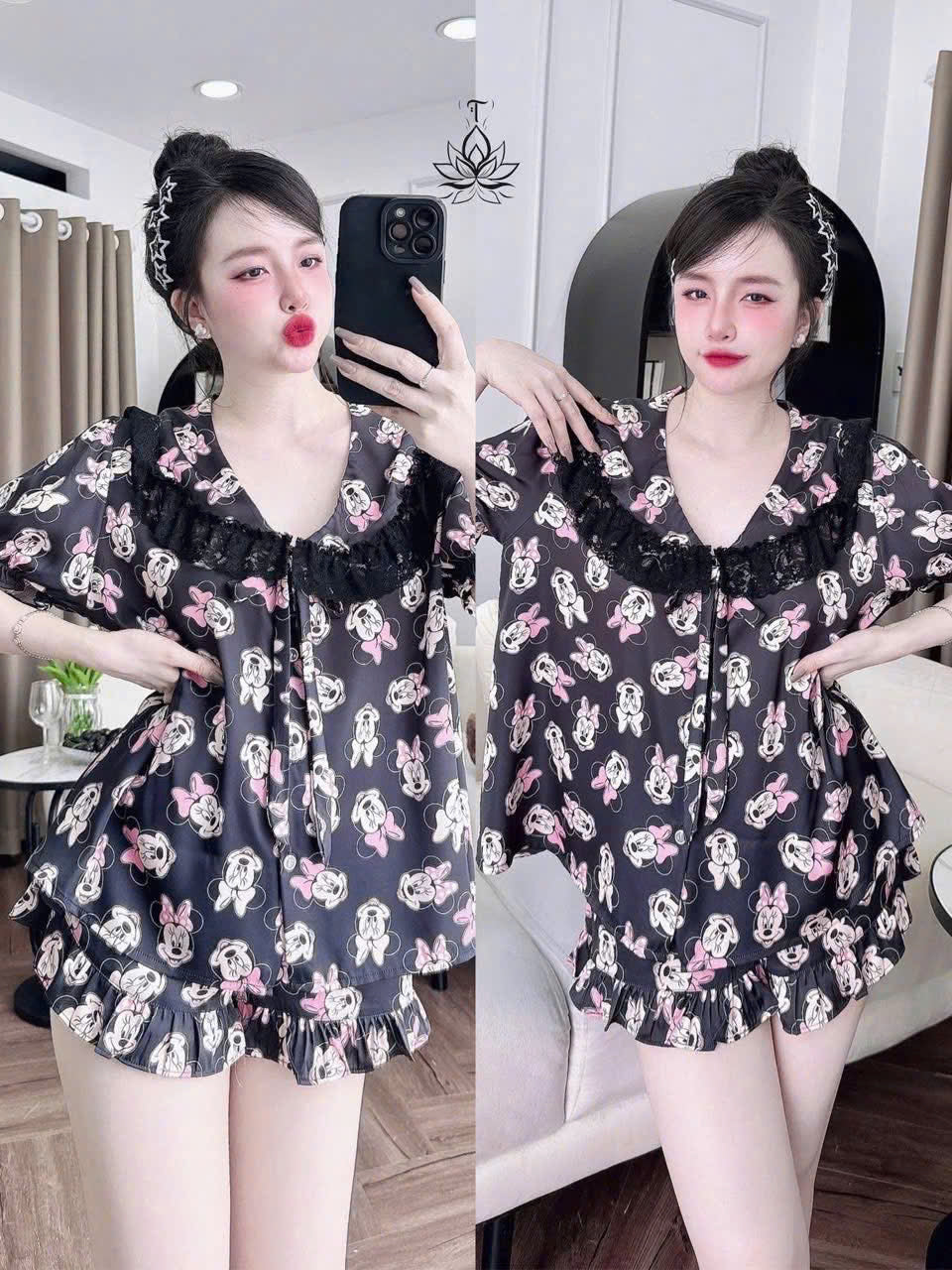 Bộ ngủ đùi cổ sen phối ren dễ thương cao cấp