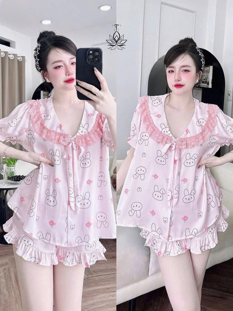 Bộ ngủ đùi cổ sen phối ren dễ thương cao cấp