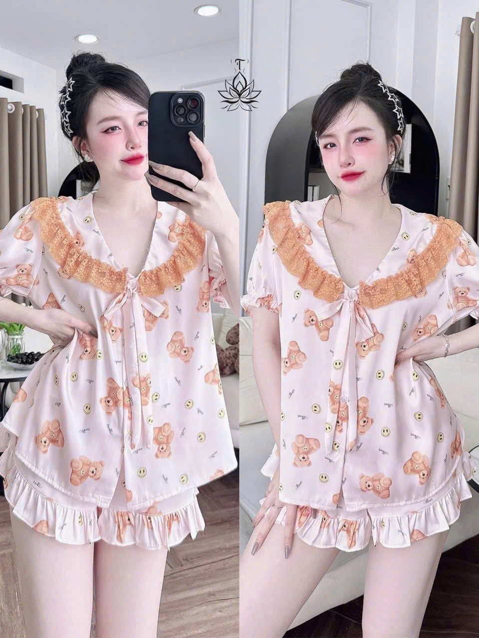 Bộ ngủ đùi cổ sen phối ren dễ thương cao cấp