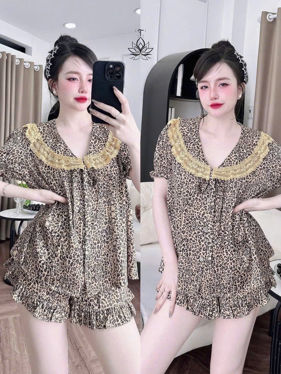 Bộ ngủ đùi cổ sen phối ren dễ thương cao cấp
