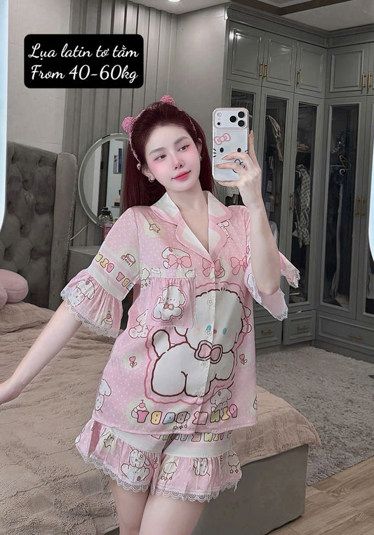 Bộ ngủ đùi lụa latin tơ tằm dễ thương có sẵn
