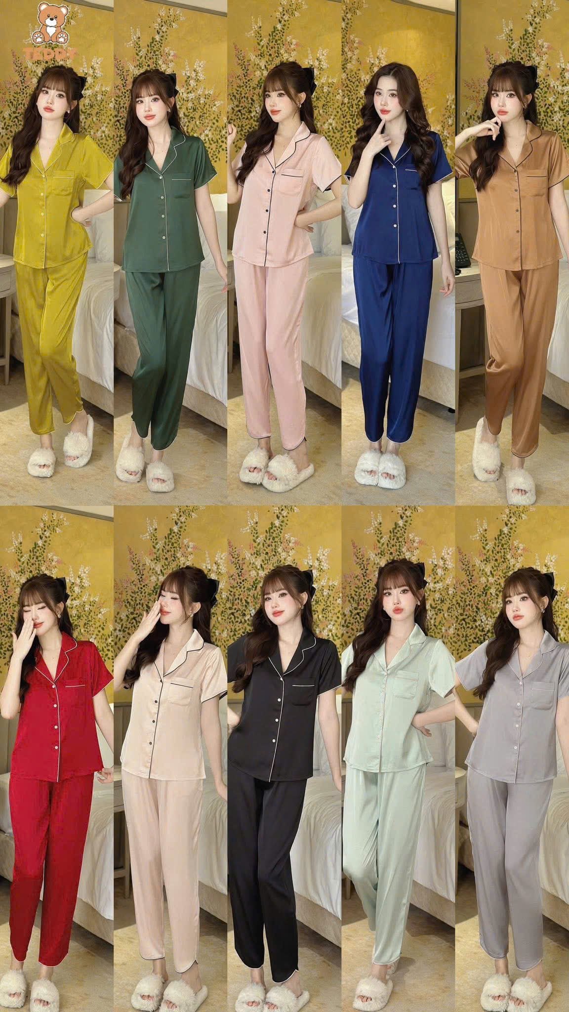 Bộ ngủ tay ngắn Teddy trơn viền lé