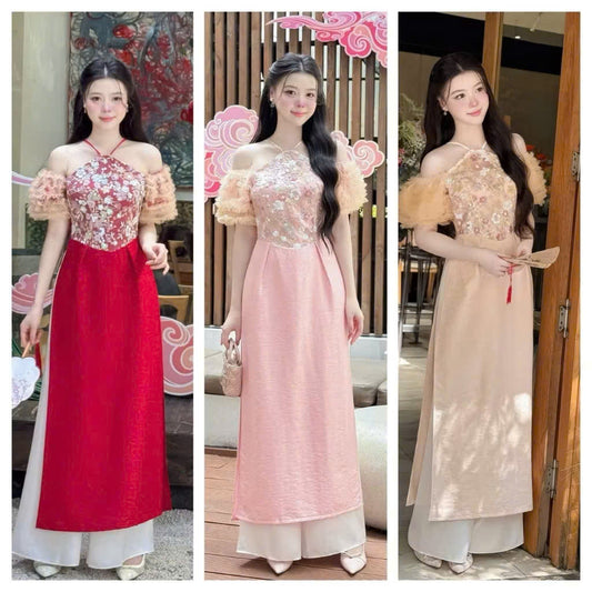 Áo dài cổ yếm tay ngắn phối voan cách tân thời trang