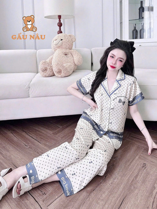 Bộ ngủ tay ngắn Teddy Lattin kiểu cổ vuông nhọn viền phối new