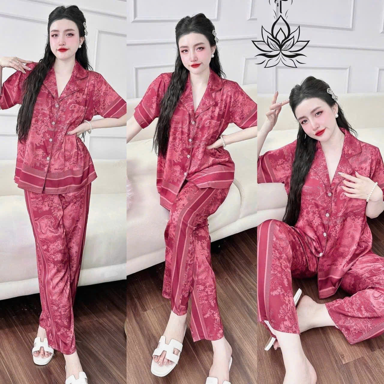 Pijama tay ngắn quần dài cổ nhọn viền lé siêu hot