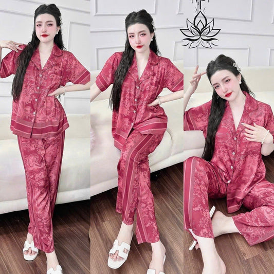 Pijama tay ngắn quần dài cổ nhọn viền lé siêu hot