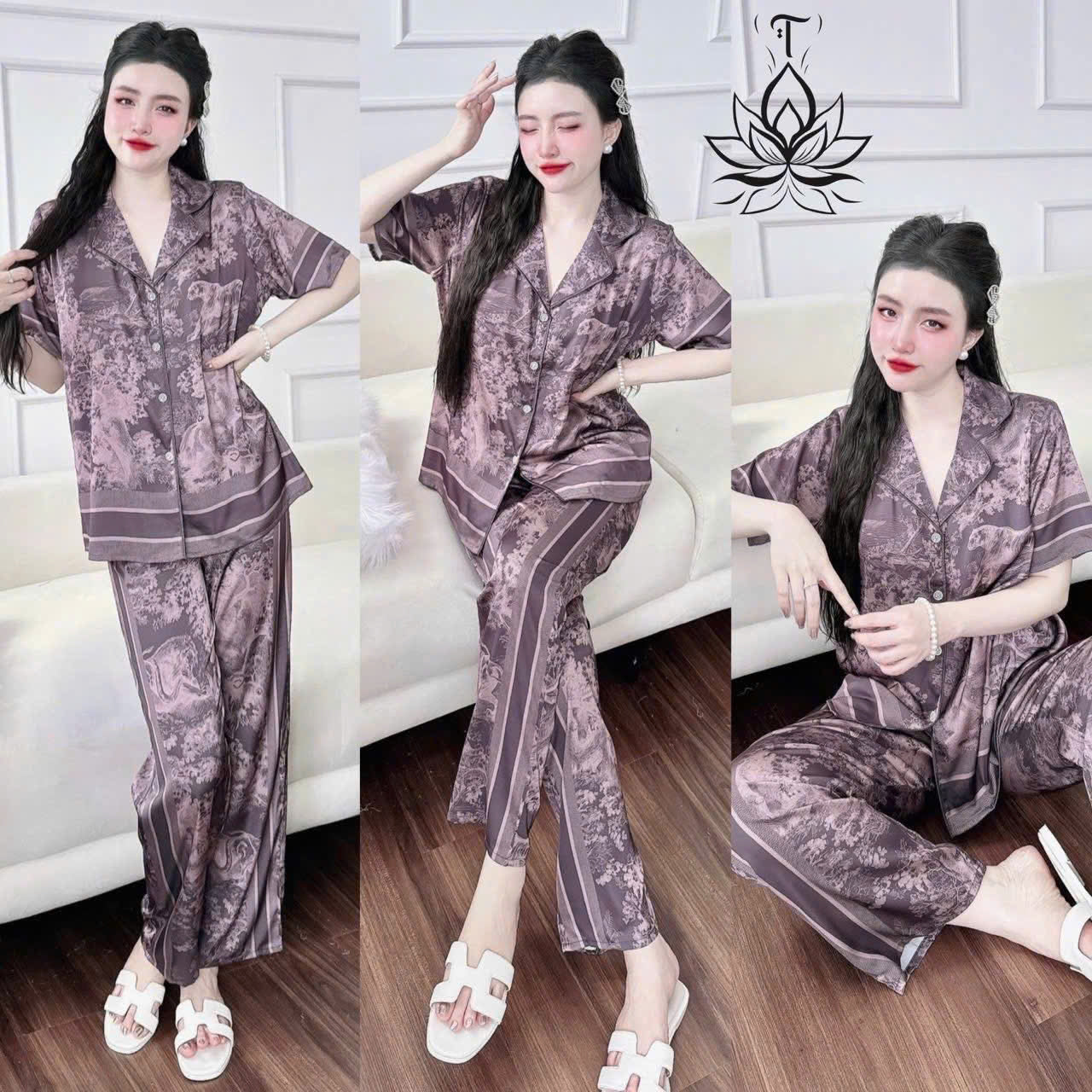 Pijama tay ngắn quần dài cổ nhọn viền lé siêu hot