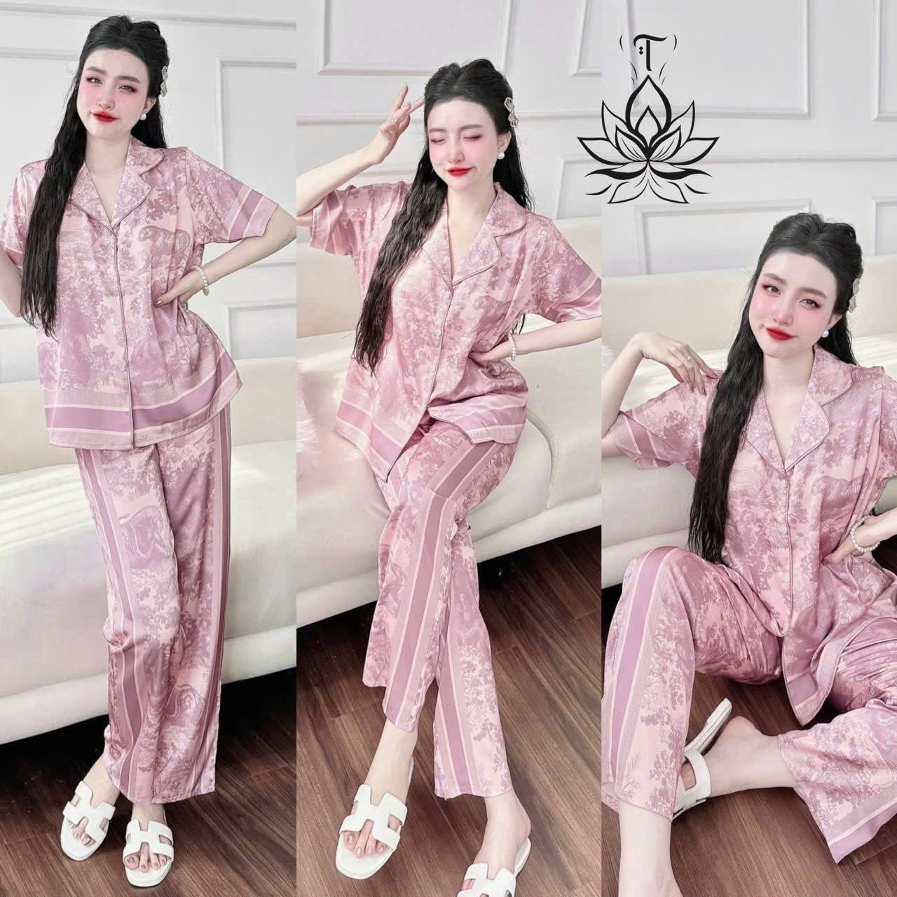 Pijama tay ngắn quần dài cổ nhọn viền lé siêu hot