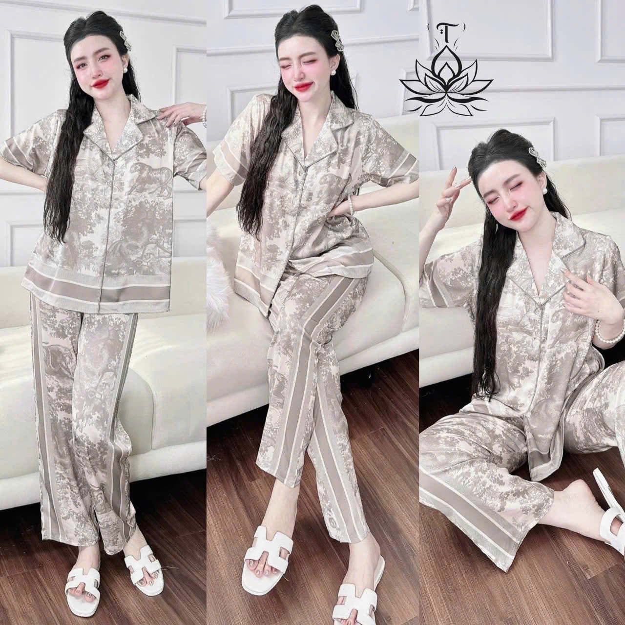 Pijama tay ngắn quần dài cổ nhọn viền lé siêu hot
