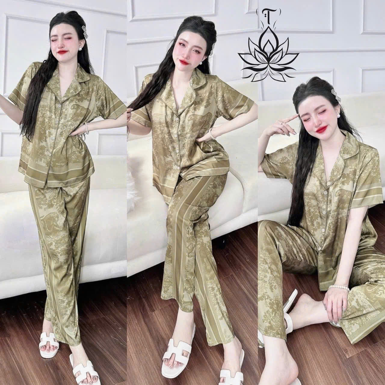 Pijama tay ngắn quần dài cổ nhọn viền lé siêu hot