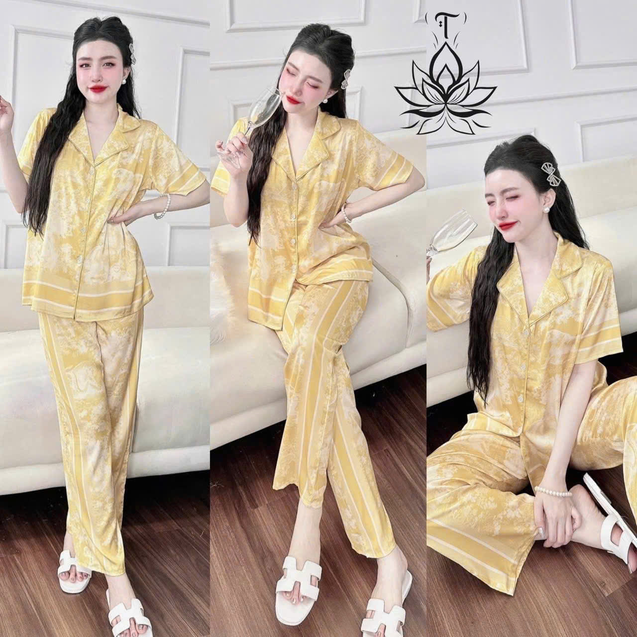 Pijama tay ngắn quần dài cổ nhọn viền lé siêu hot
