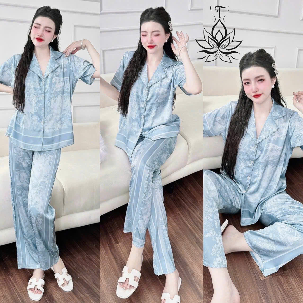 Pijama tay ngắn quần dài cổ nhọn viền lé siêu hot