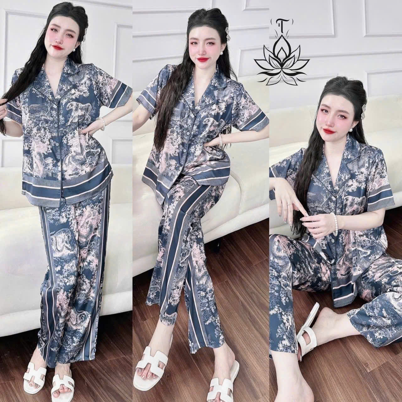 Pijama tay ngắn quần dài cổ nhọn viền lé siêu hot