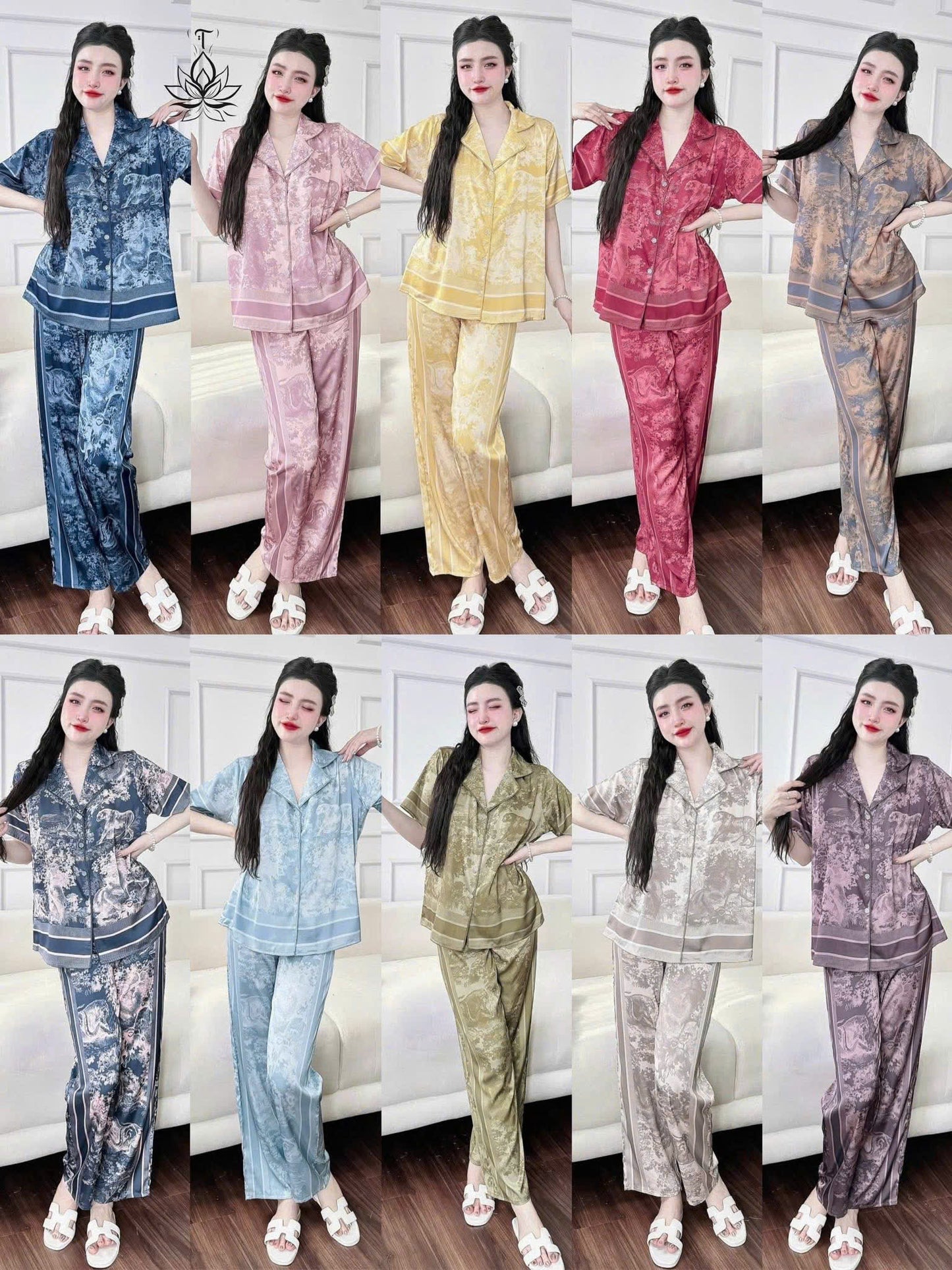 Pijama tay ngắn quần dài cổ nhọn viền lé siêu hot