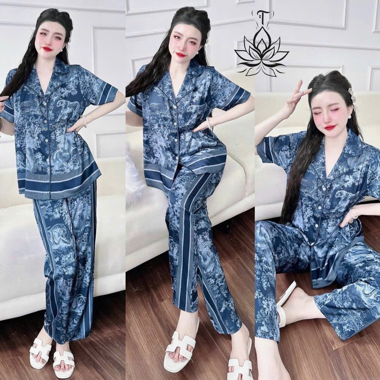 Pijama tay ngắn quần dài cổ nhọn viền lé siêu hot