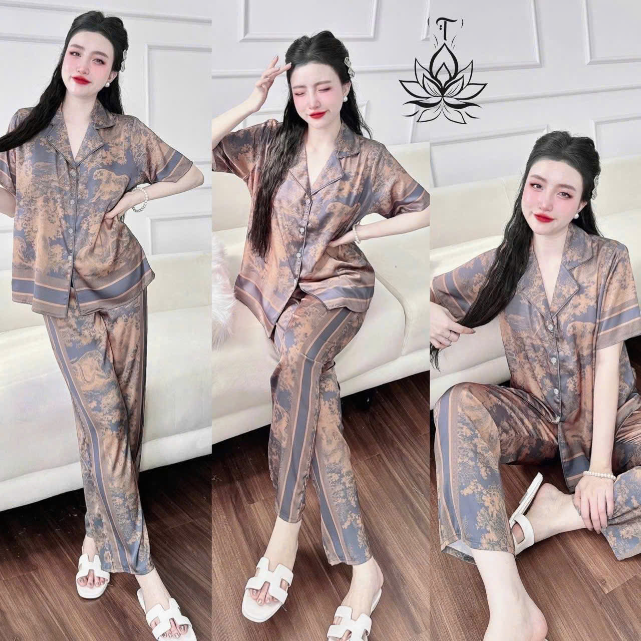 Pijama tay ngắn quần dài cổ nhọn viền lé siêu hot