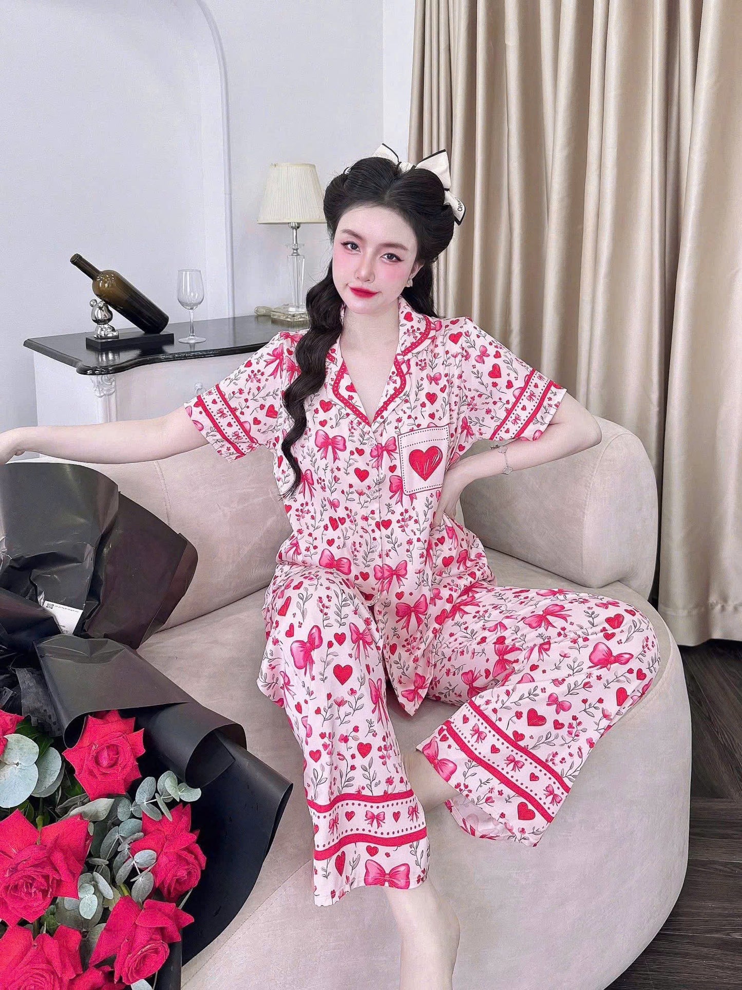 Bộ ngủ tay ngắn quần dài Latin cao cấp in hoa