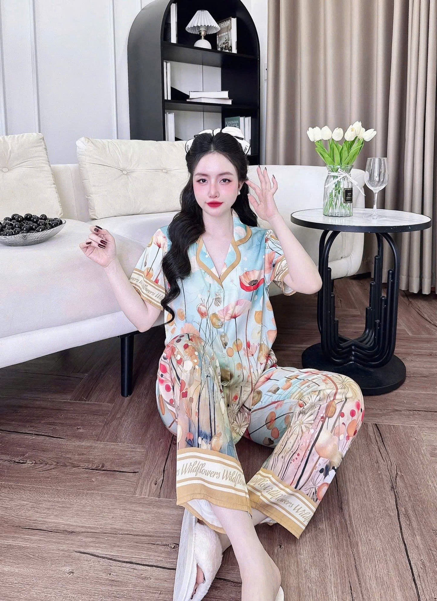 Bộ ngủ tay ngắn quần dài Latin cao cấp in hoa