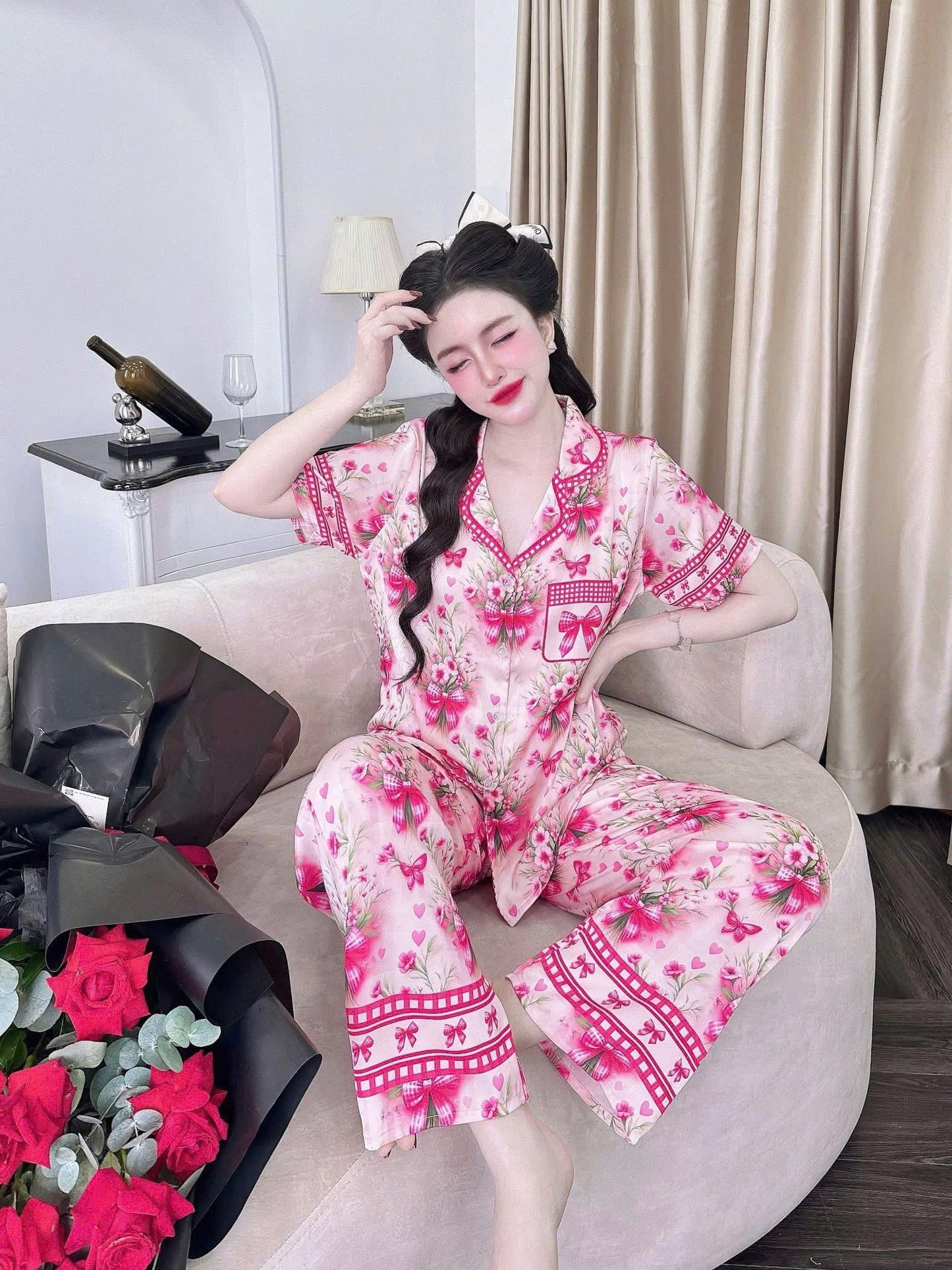 Bộ ngủ tay ngắn quần dài Latin cao cấp in hoa