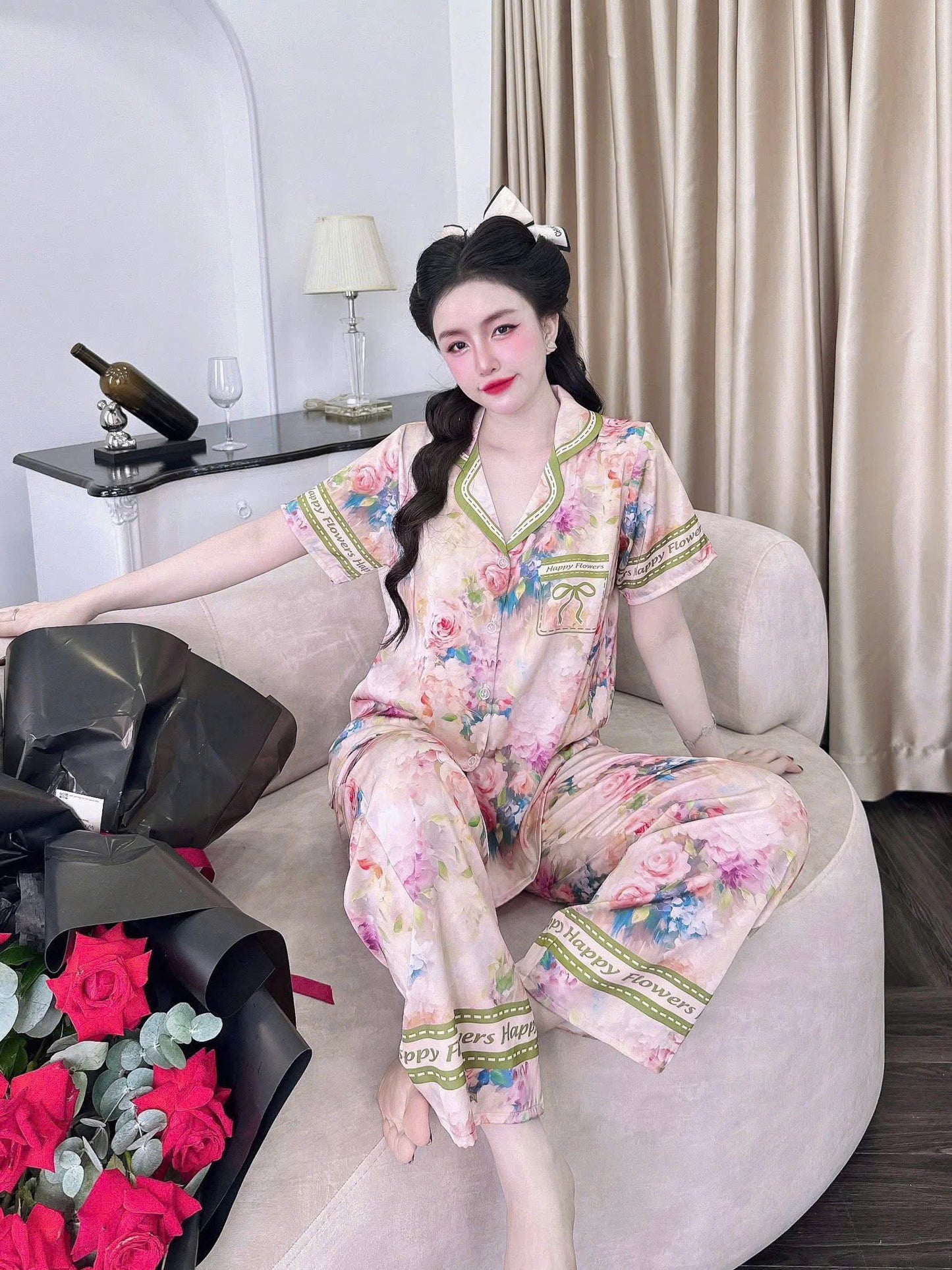 Bộ ngủ tay ngắn quần dài Latin cao cấp in hoa