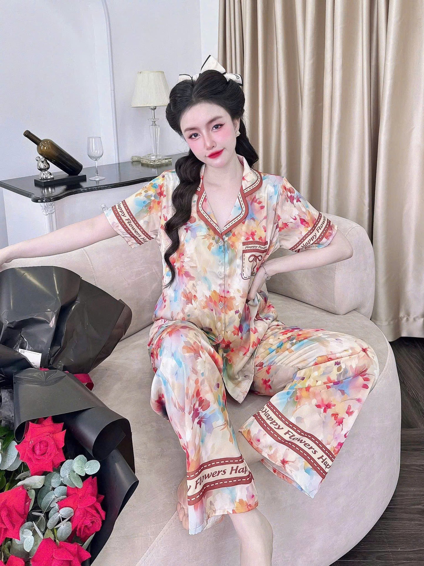 Bộ ngủ tay ngắn quần dài Latin cao cấp in hoa