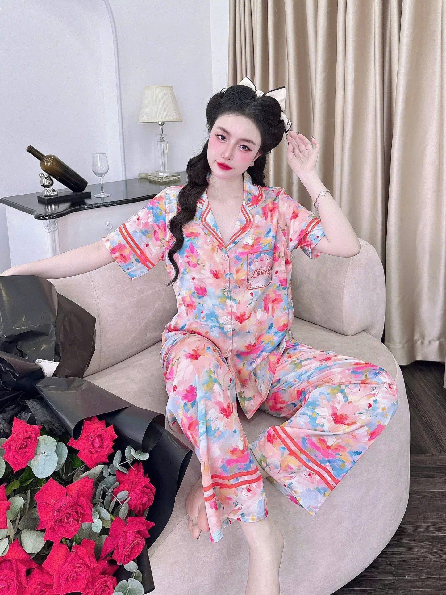Bộ ngủ tay ngắn quần dài Latin cao cấp in hoa