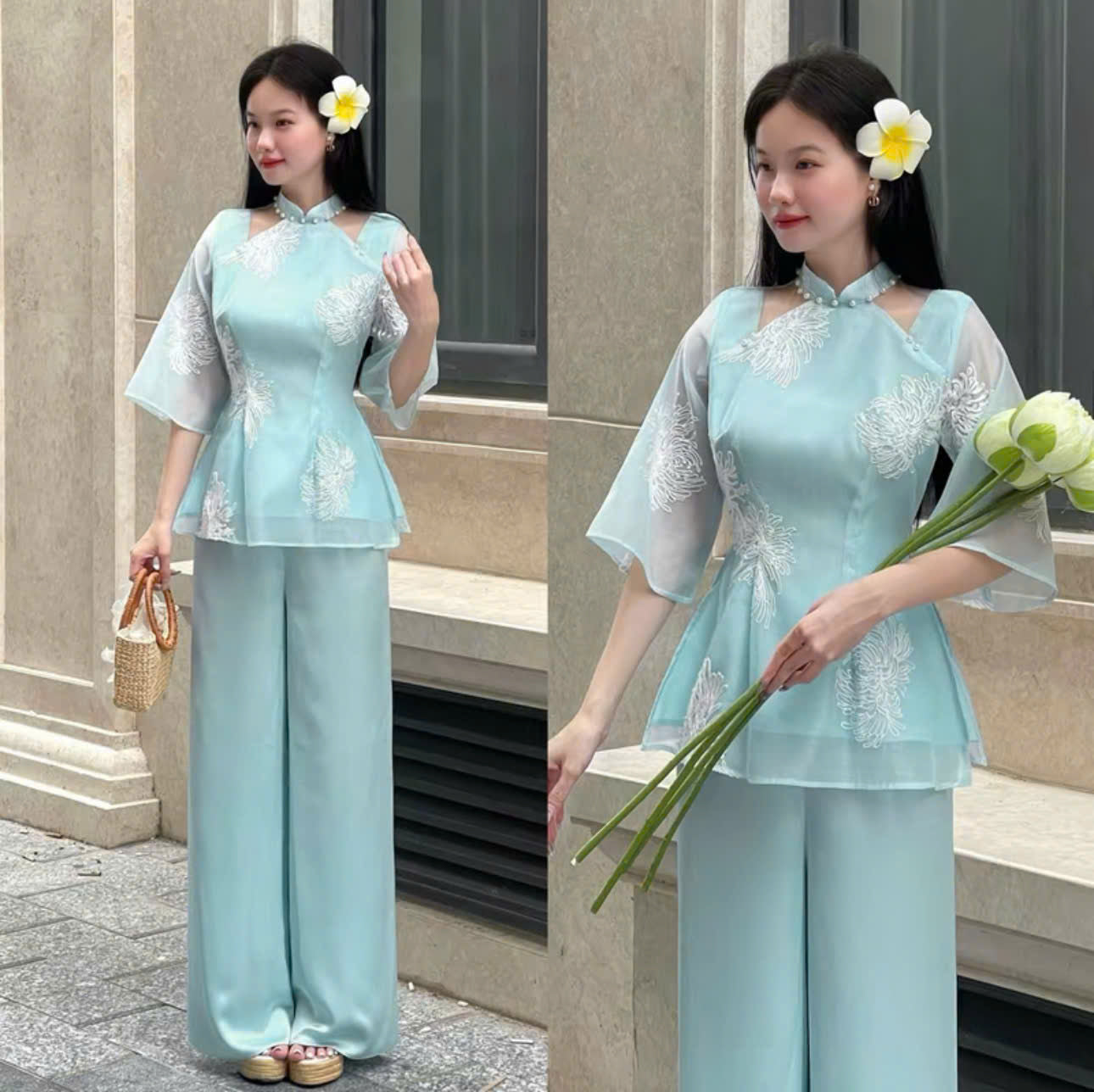 Áo dài xinh du xuân và set đồ áo cách tân cổ trụ tay ngắn quần dài