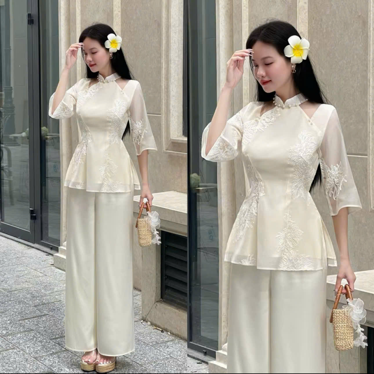 Áo dài xinh du xuân và set đồ áo cách tân cổ trụ tay ngắn quần dài