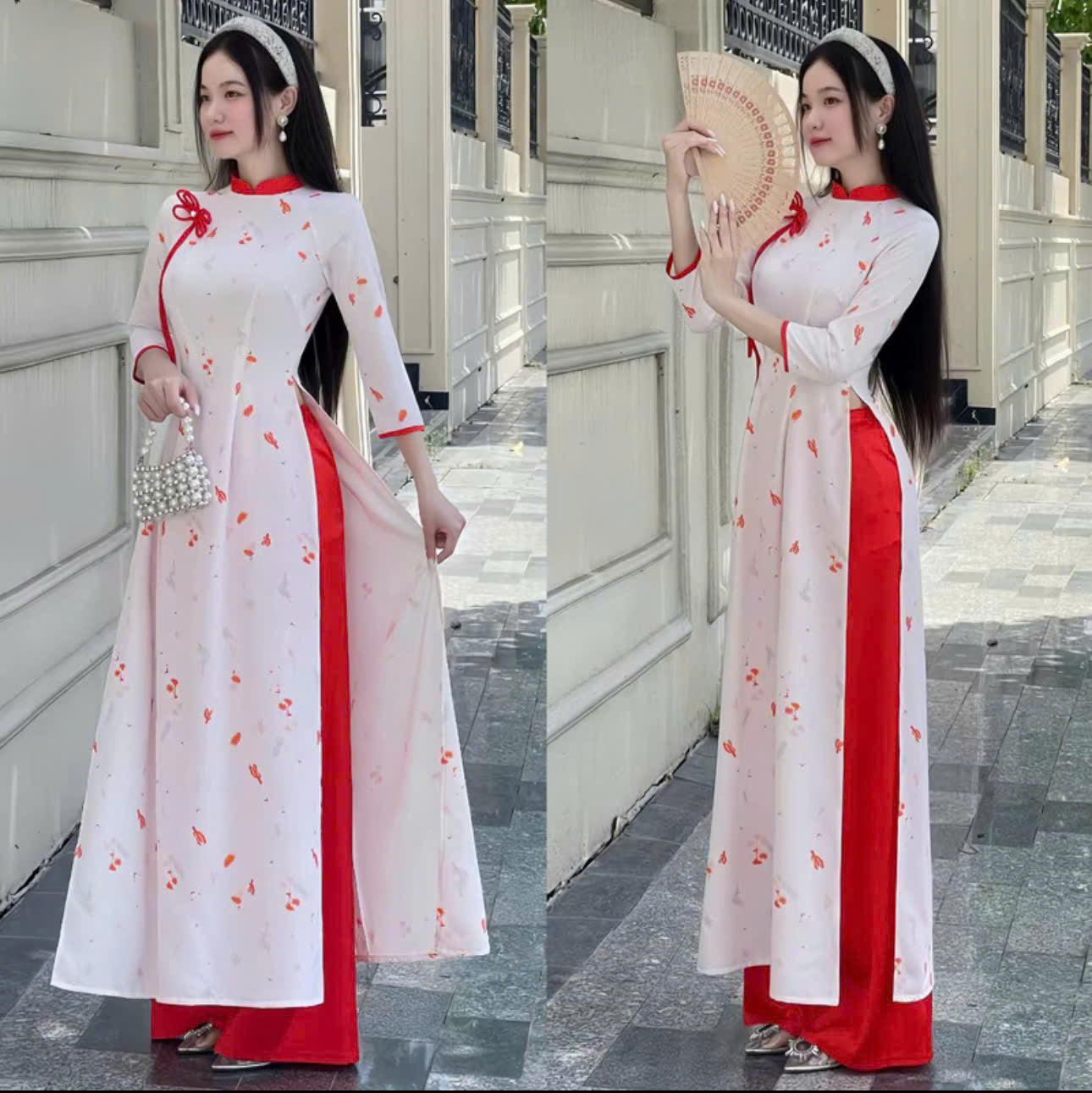 Áo dài xinh du xuân và set đồ áo cách tân cổ trụ tay ngắn quần dài