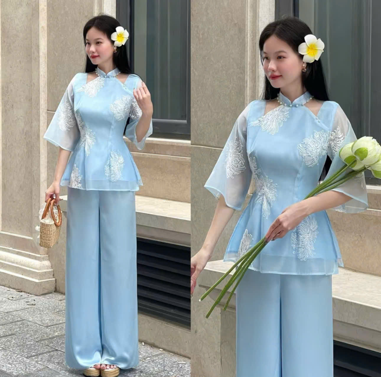 Áo dài xinh du xuân và set đồ áo cách tân cổ trụ tay ngắn quần dài