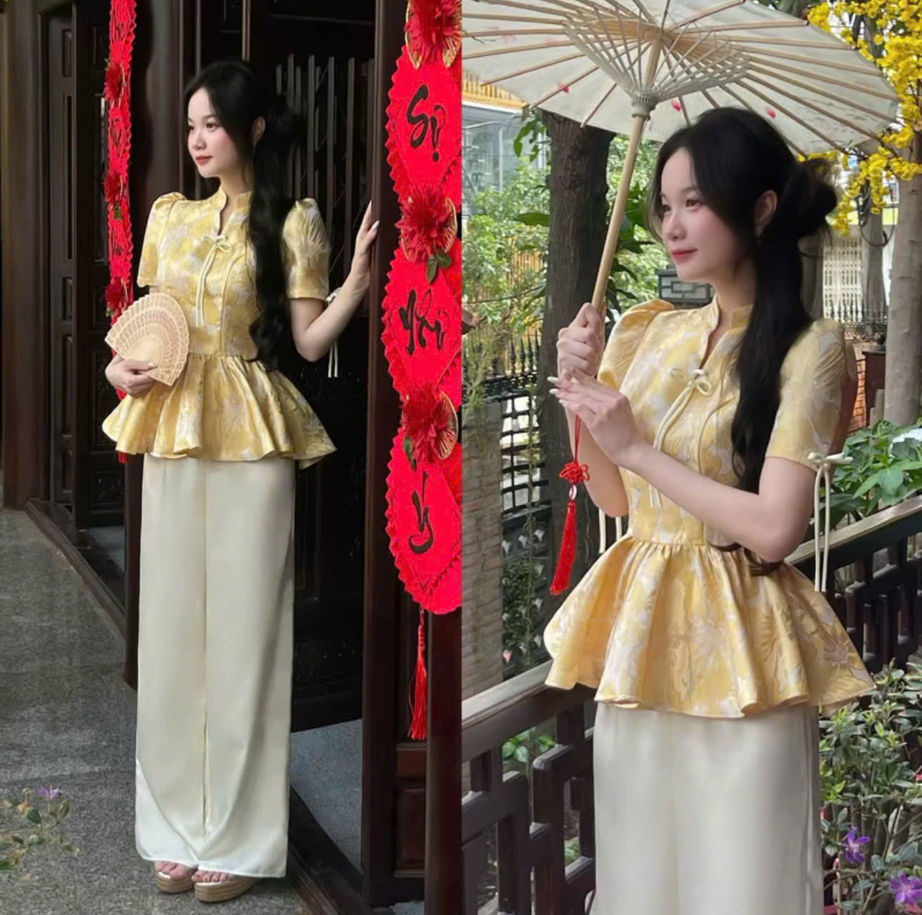 Áo dài xinh du xuân và set đồ áo cách tân cổ trụ tay ngắn quần dài