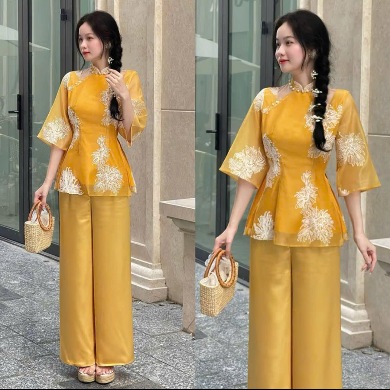 Áo dài xinh du xuân và set đồ áo cách tân cổ trụ tay ngắn quần dài