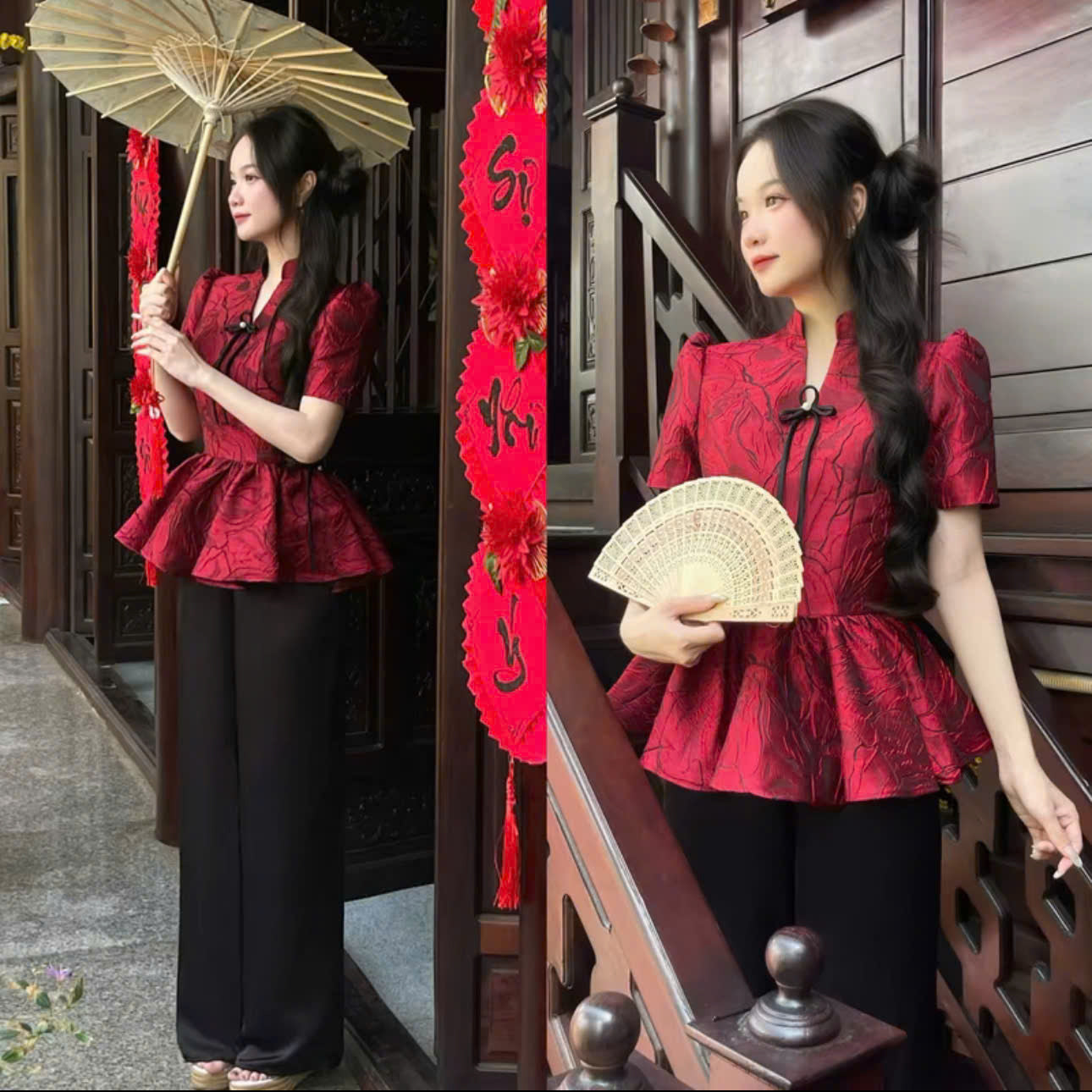 Áo dài xinh du xuân và set đồ áo cách tân cổ trụ tay ngắn quần dài