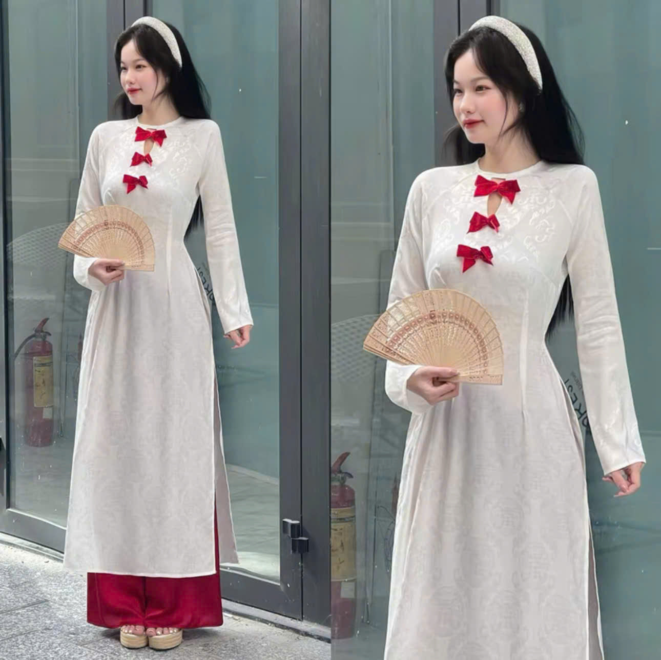 Áo dài xinh du xuân và set đồ áo cách tân cổ trụ tay ngắn quần dài