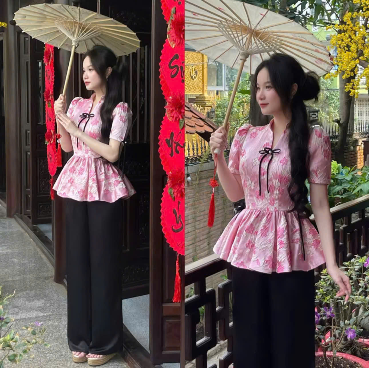 Áo dài xinh du xuân và set đồ áo cách tân cổ trụ tay ngắn quần dài