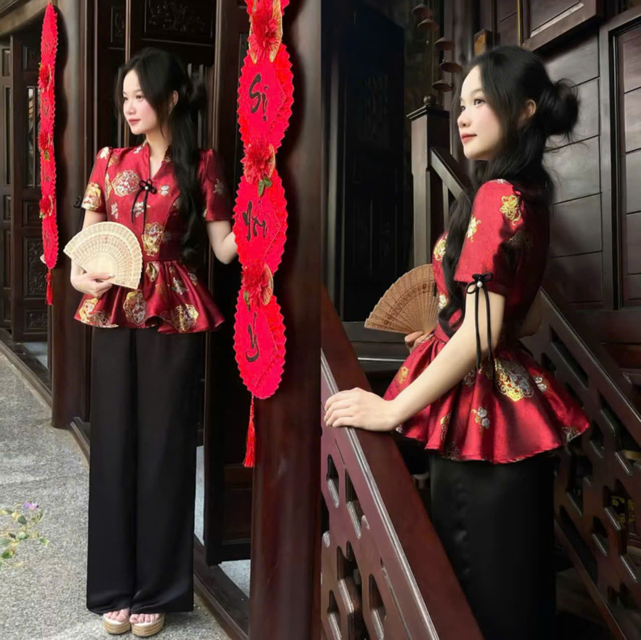 Áo dài xinh du xuân và set đồ áo cách tân cổ trụ tay ngắn quần dài