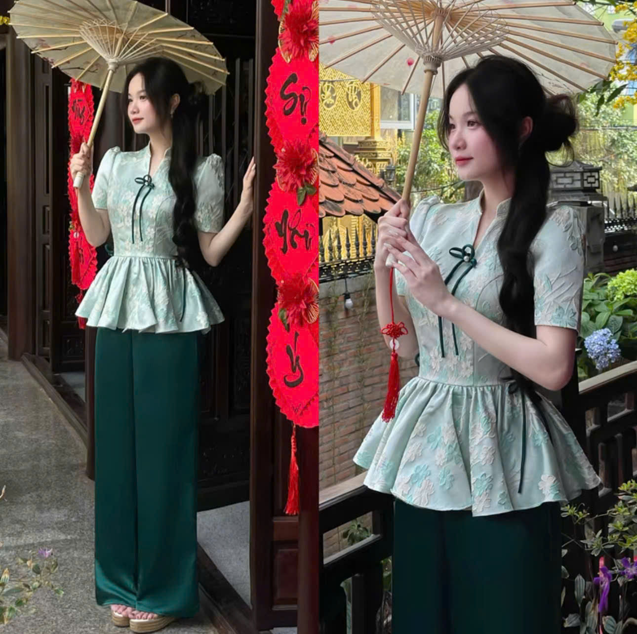 Áo dài xinh du xuân và set đồ áo cách tân cổ trụ tay ngắn quần dài