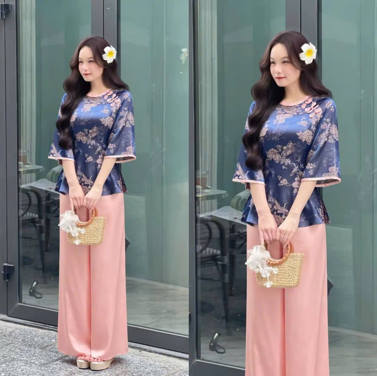 Set bà ba nữ thiết kế voan thêu hoa phối quần lụa và áo dài tơ hoa Hongkong