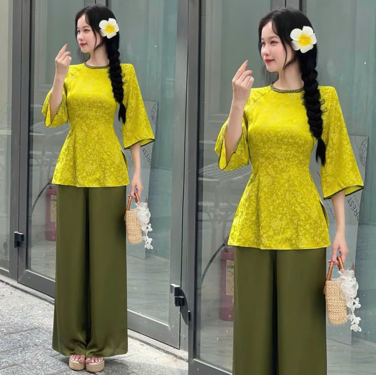 Set bà ba nữ thiết kế voan thêu hoa phối quần lụa và áo dài tơ hoa Hongkong