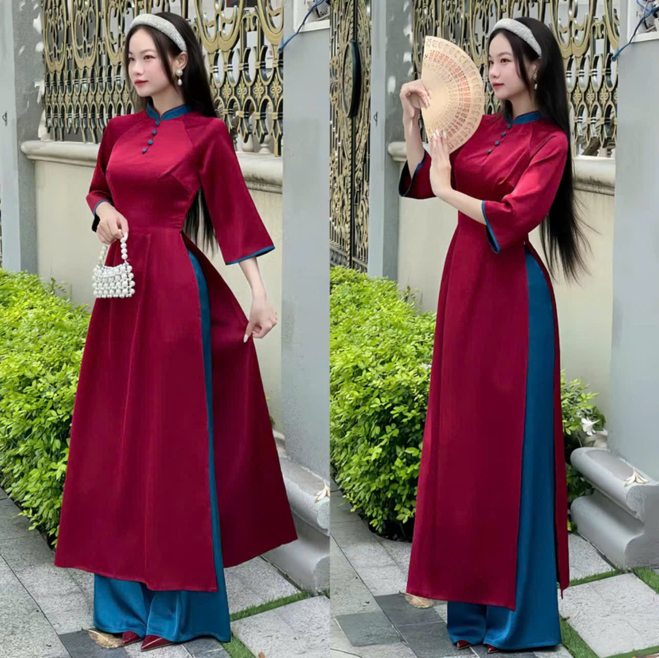 Set bà ba nữ thiết kế voan thêu hoa phối quần lụa và áo dài tơ hoa Hongkong