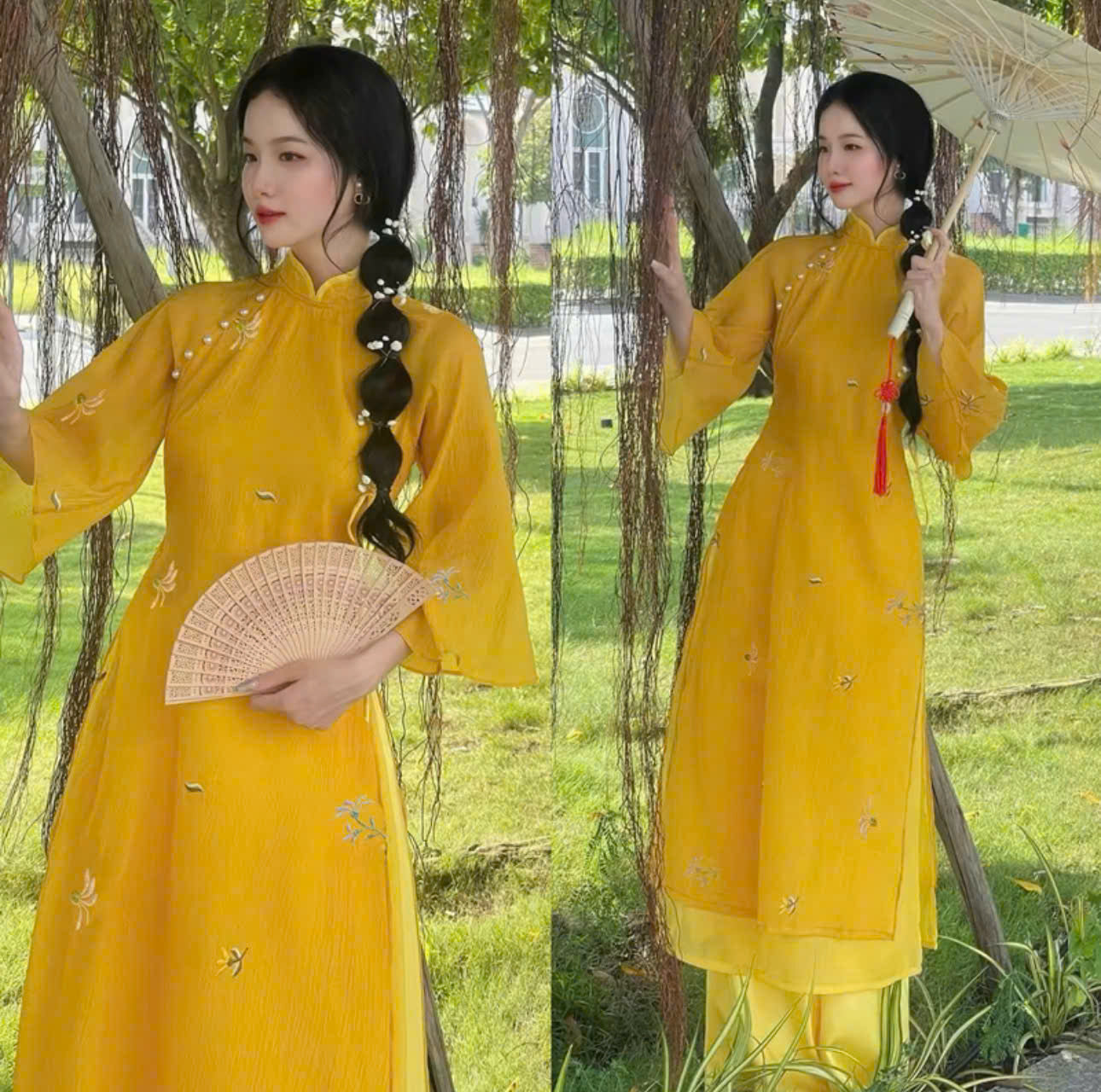 Set bà ba nữ thiết kế voan thêu hoa phối quần lụa và áo dài tơ hoa Hongkong
