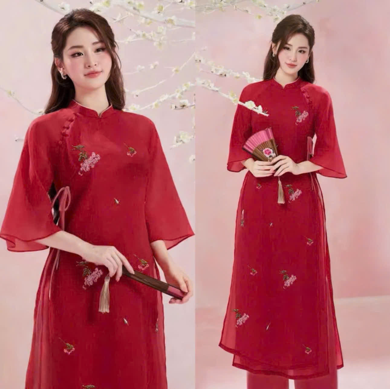 Set bà ba nữ thiết kế voan thêu hoa phối quần lụa và áo dài tơ hoa Hongkong