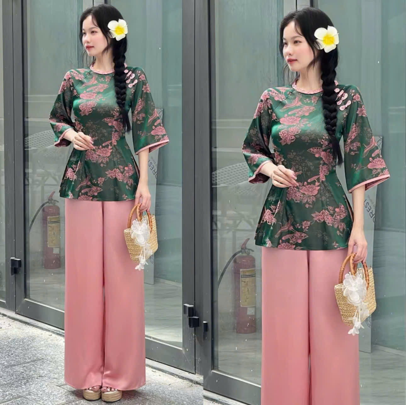Set bà ba nữ thiết kế voan thêu hoa phối quần lụa và áo dài tơ hoa Hongkong