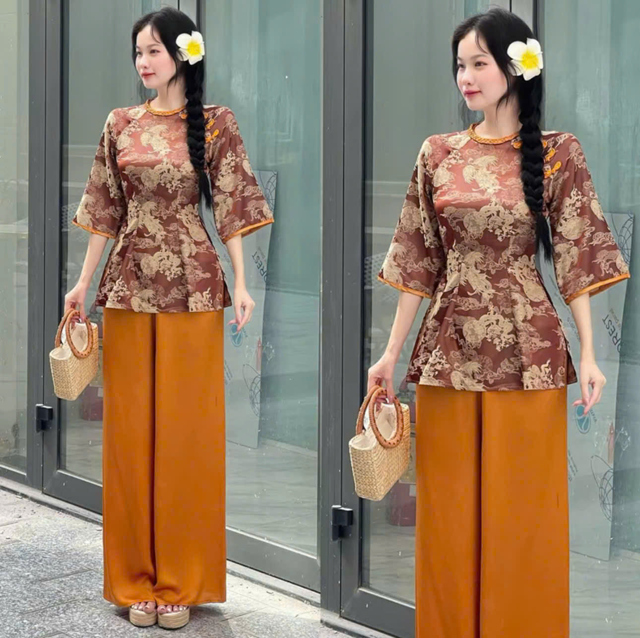 Set bà ba nữ thiết kế voan thêu hoa phối quần lụa và áo dài tơ hoa Hongkong