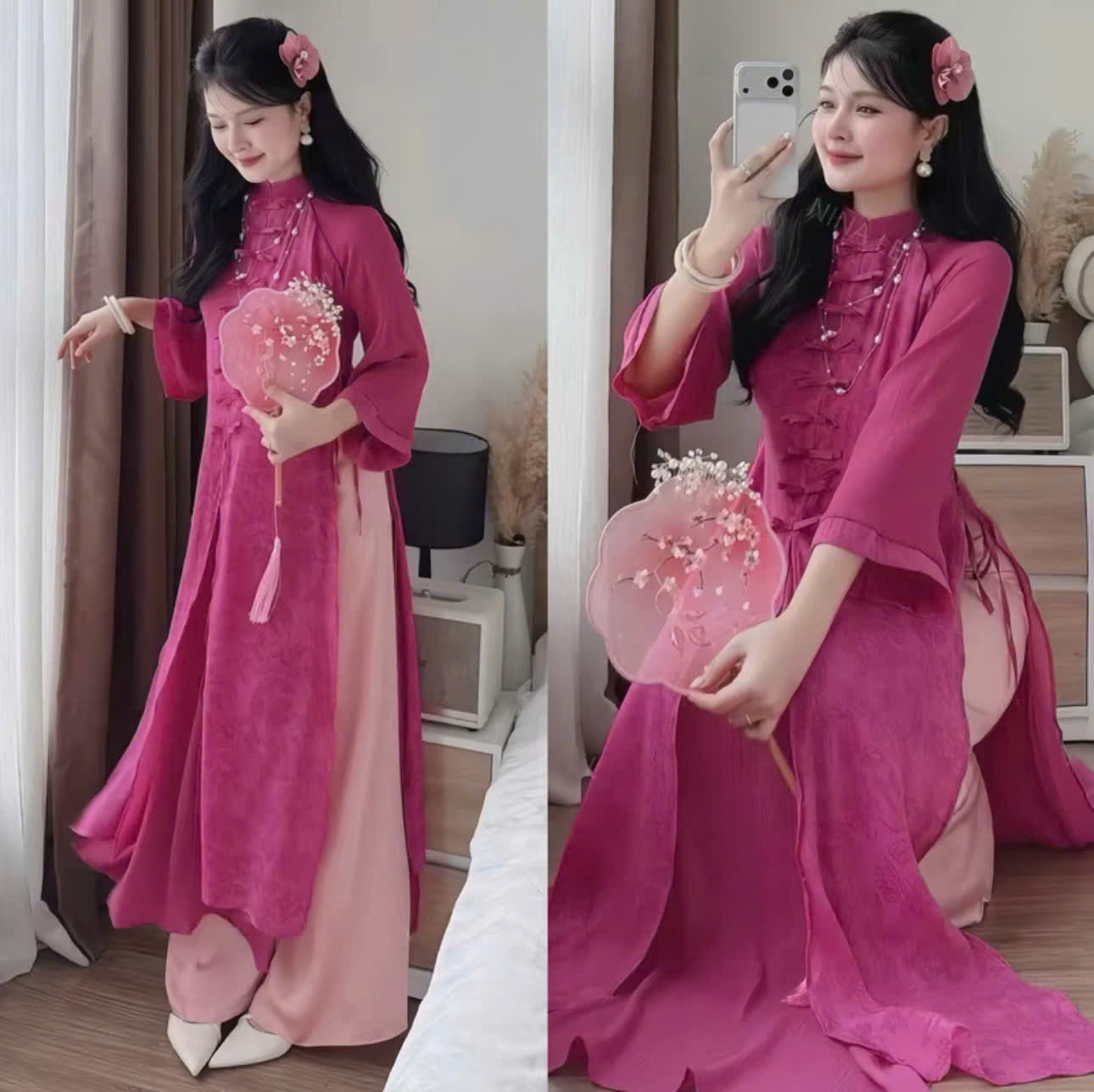 Set bà ba nữ thiết kế voan thêu hoa phối quần lụa và áo dài tơ hoa Hongkong