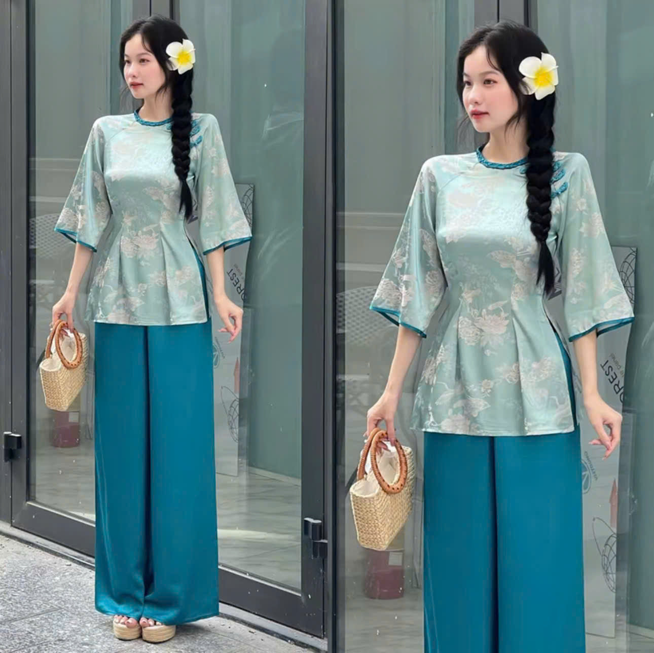 Set bà ba nữ thiết kế voan thêu hoa phối quần lụa và áo dài tơ hoa Hongkong