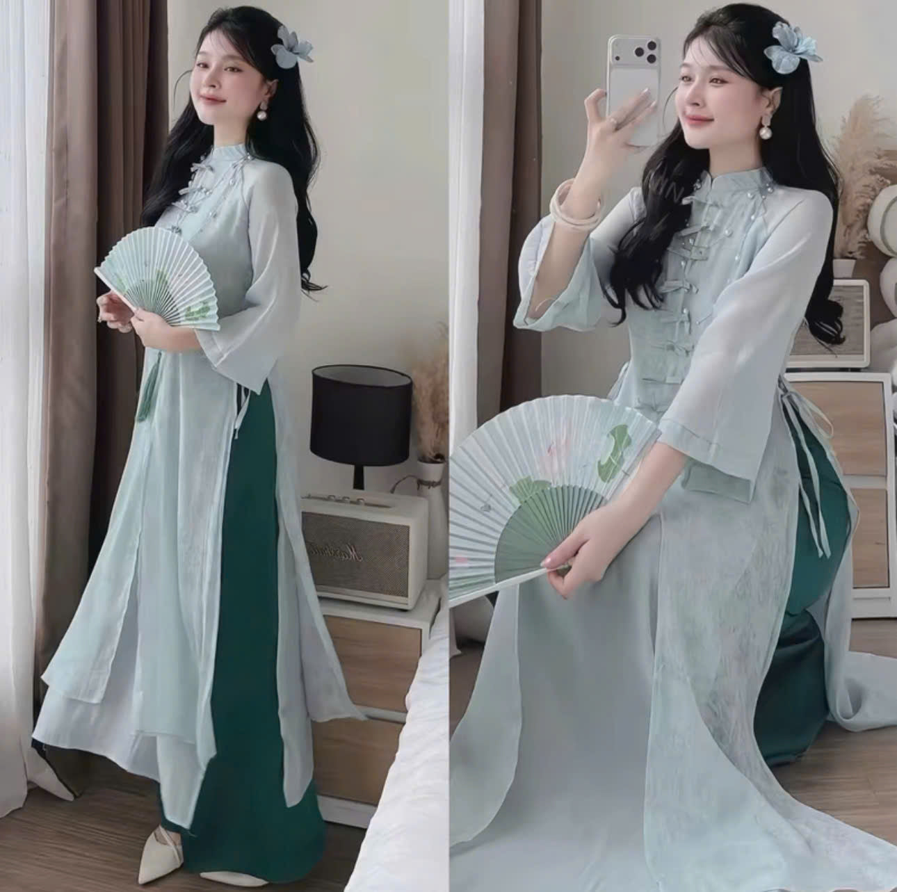 Set bà ba nữ thiết kế voan thêu hoa phối quần lụa và áo dài tơ hoa Hongkong