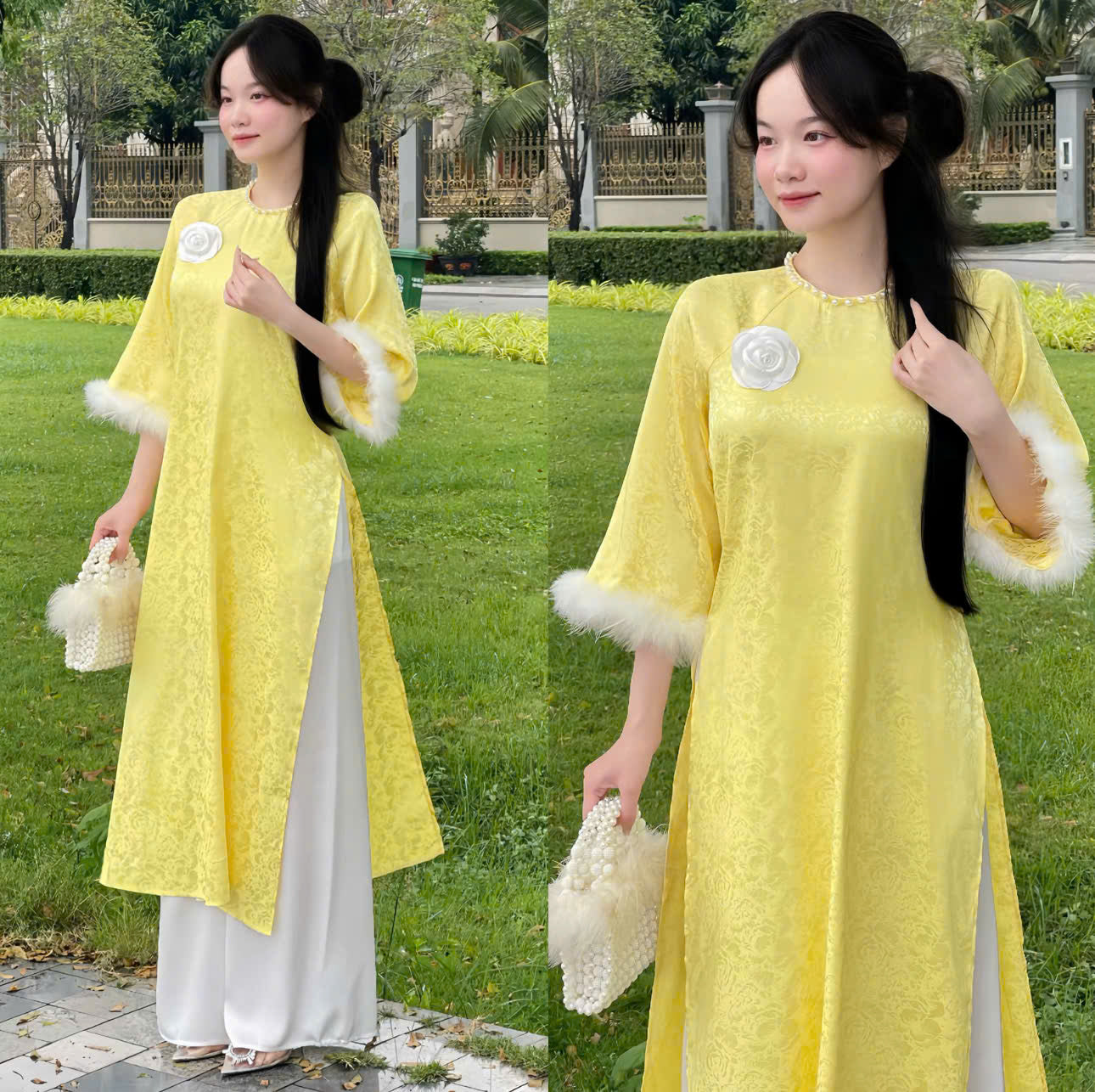 Set bà ba nữ thiết kế voan thêu hoa phối quần lụa và áo dài tơ hoa Hongkong